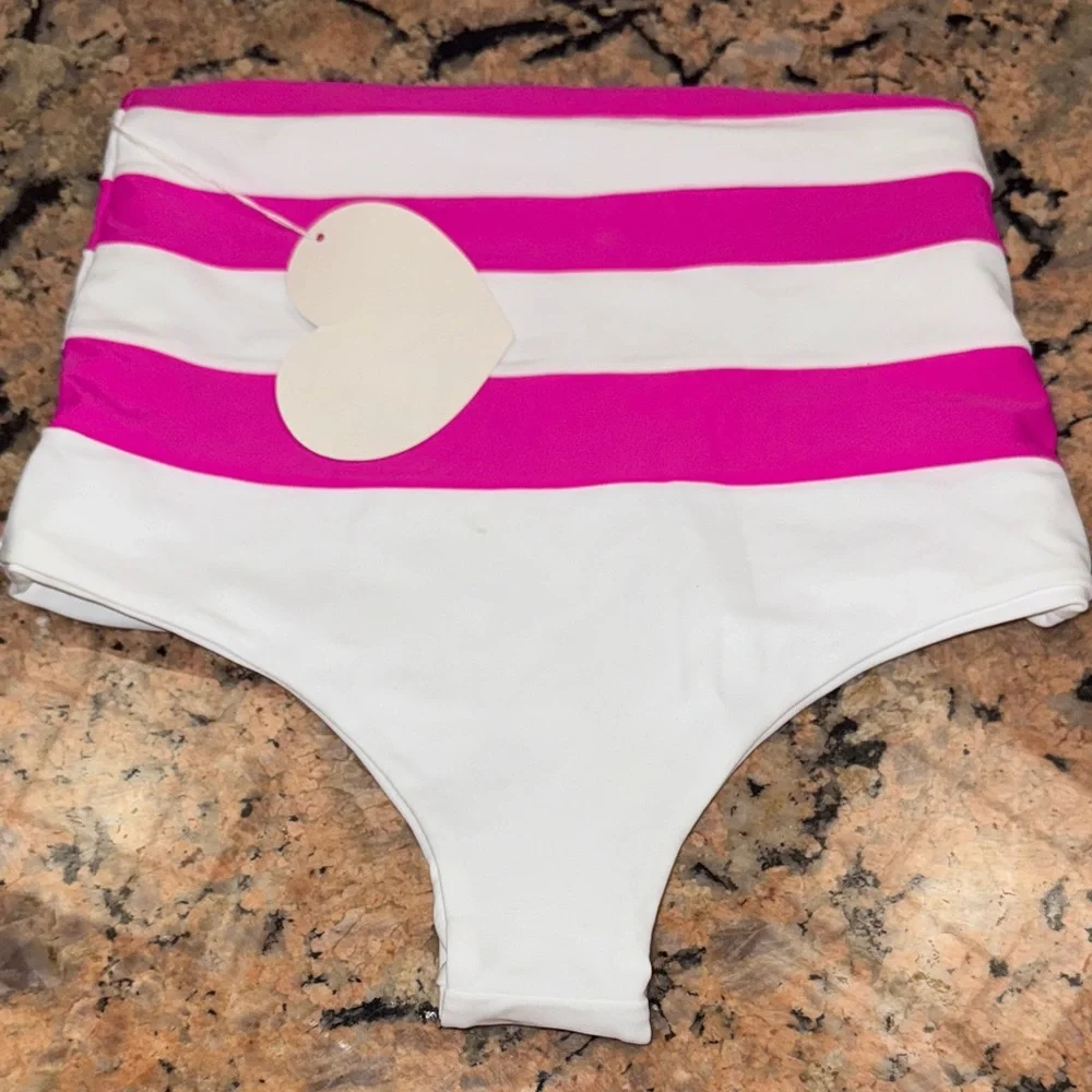 Pink and White high waist striped Bikini Bottom